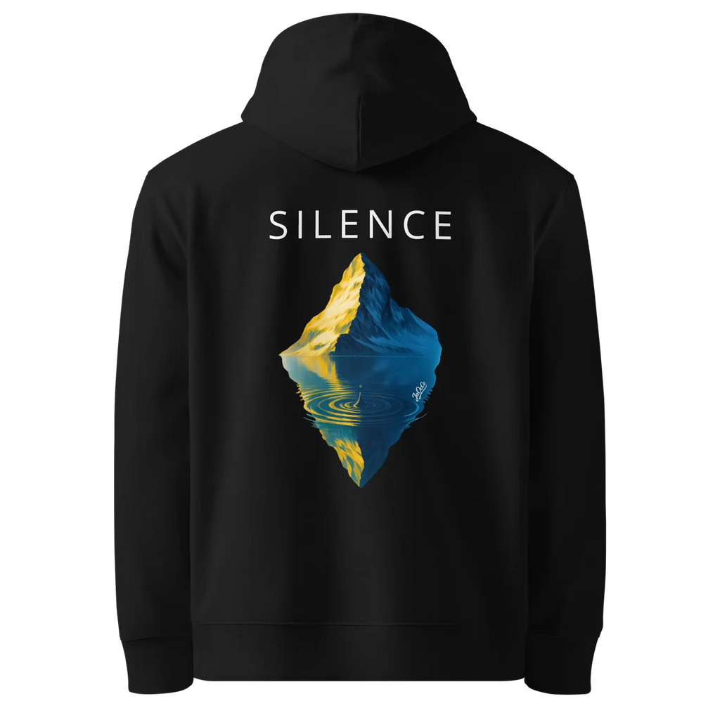Hoodie coupe classique Silence, coloris noir, vue de dos avec le design Silence