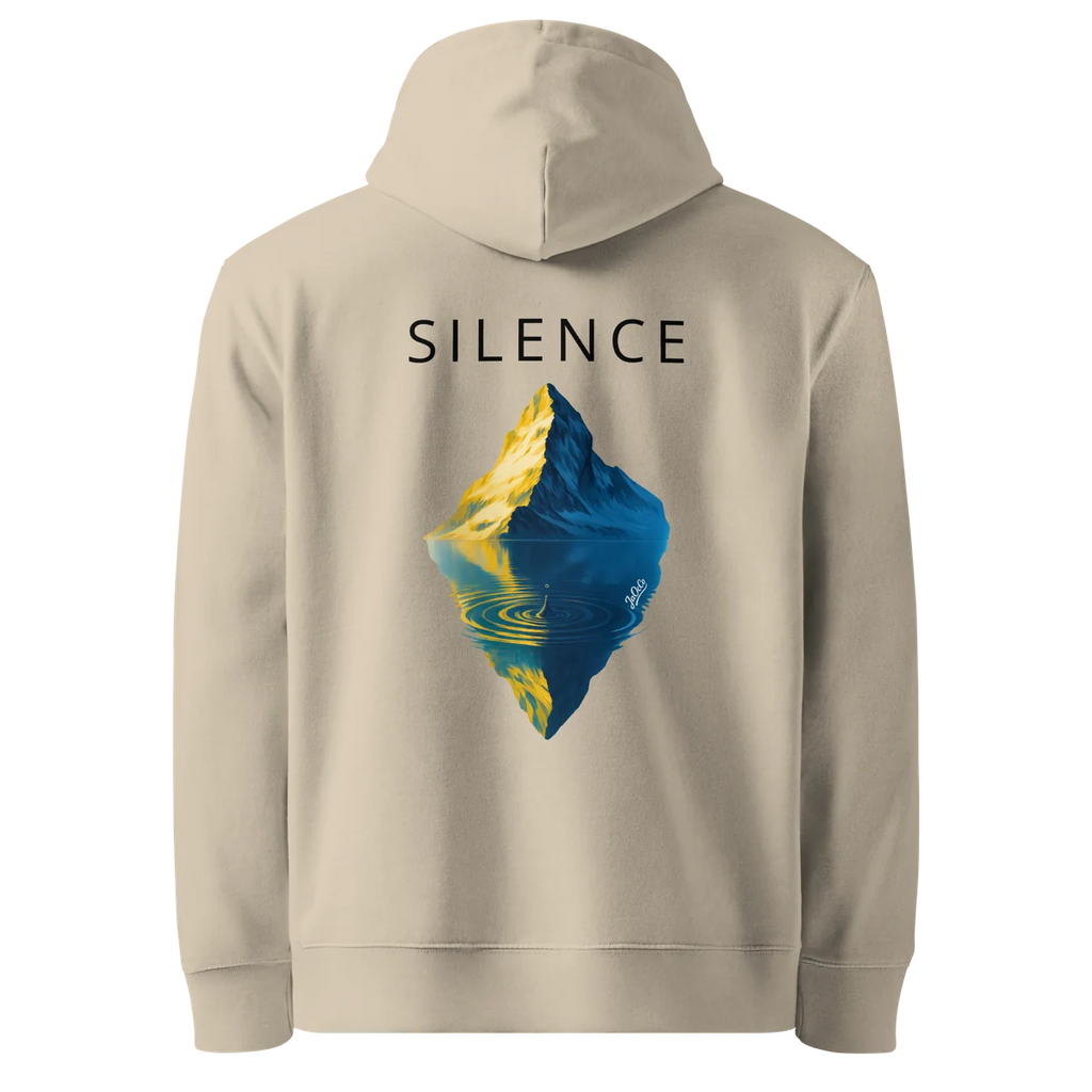 Hoodie coupe classique Silence, coloris sable (Desert Dust), vue de dos avec le design Silence
