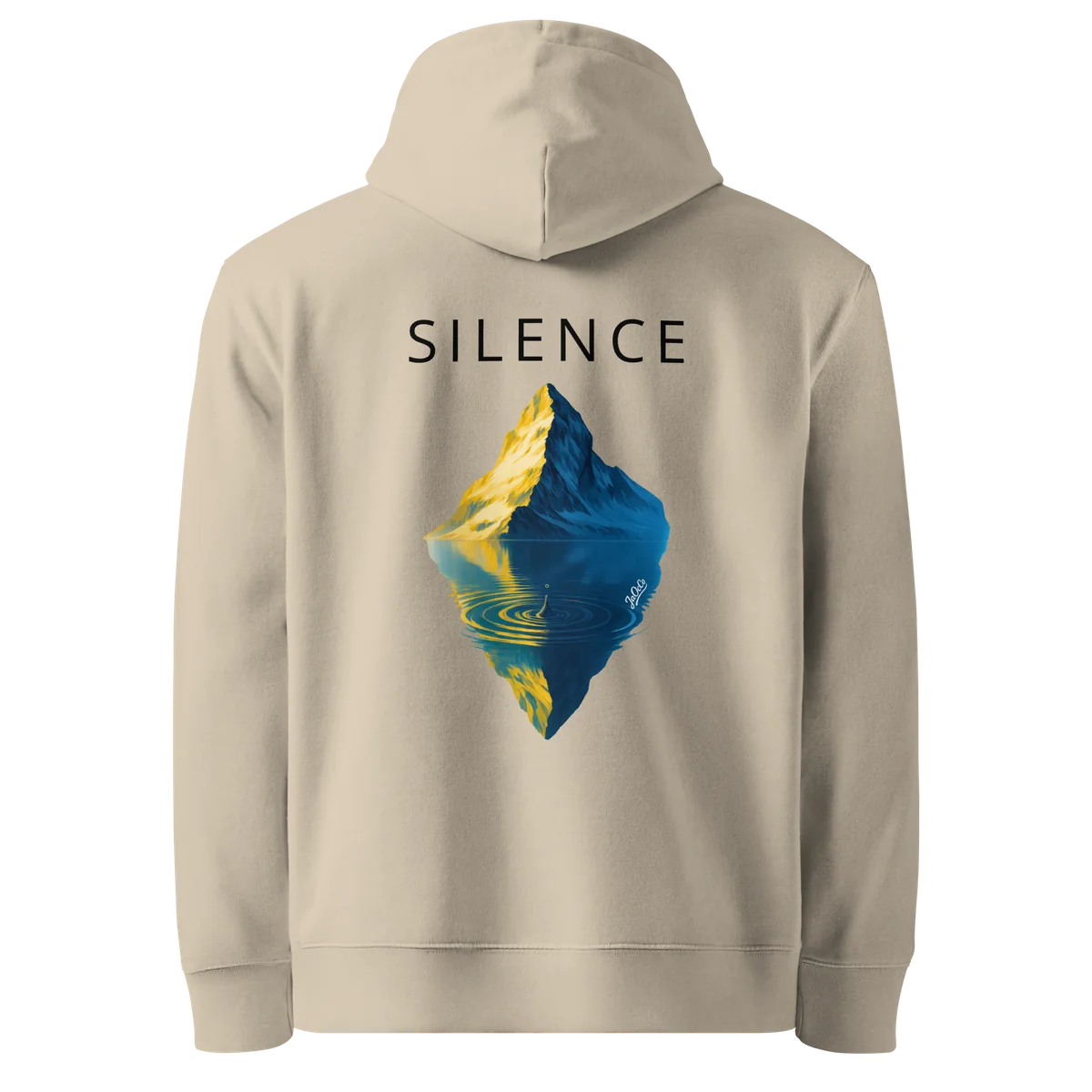 Silence classic-fit hoodie in sand (Desert Dust), back view with the Silence design
