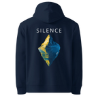 Hoodie coupe classique Silence, coloris bleu marine, vue de dos avec le design Silence