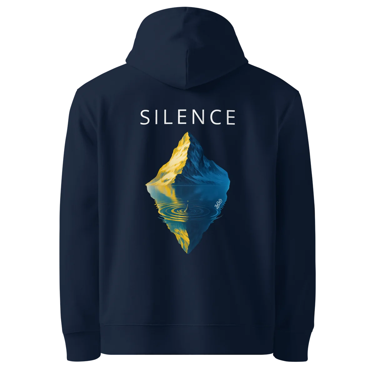 Silence classic-fit hoodie in navy, back view with the Silence design