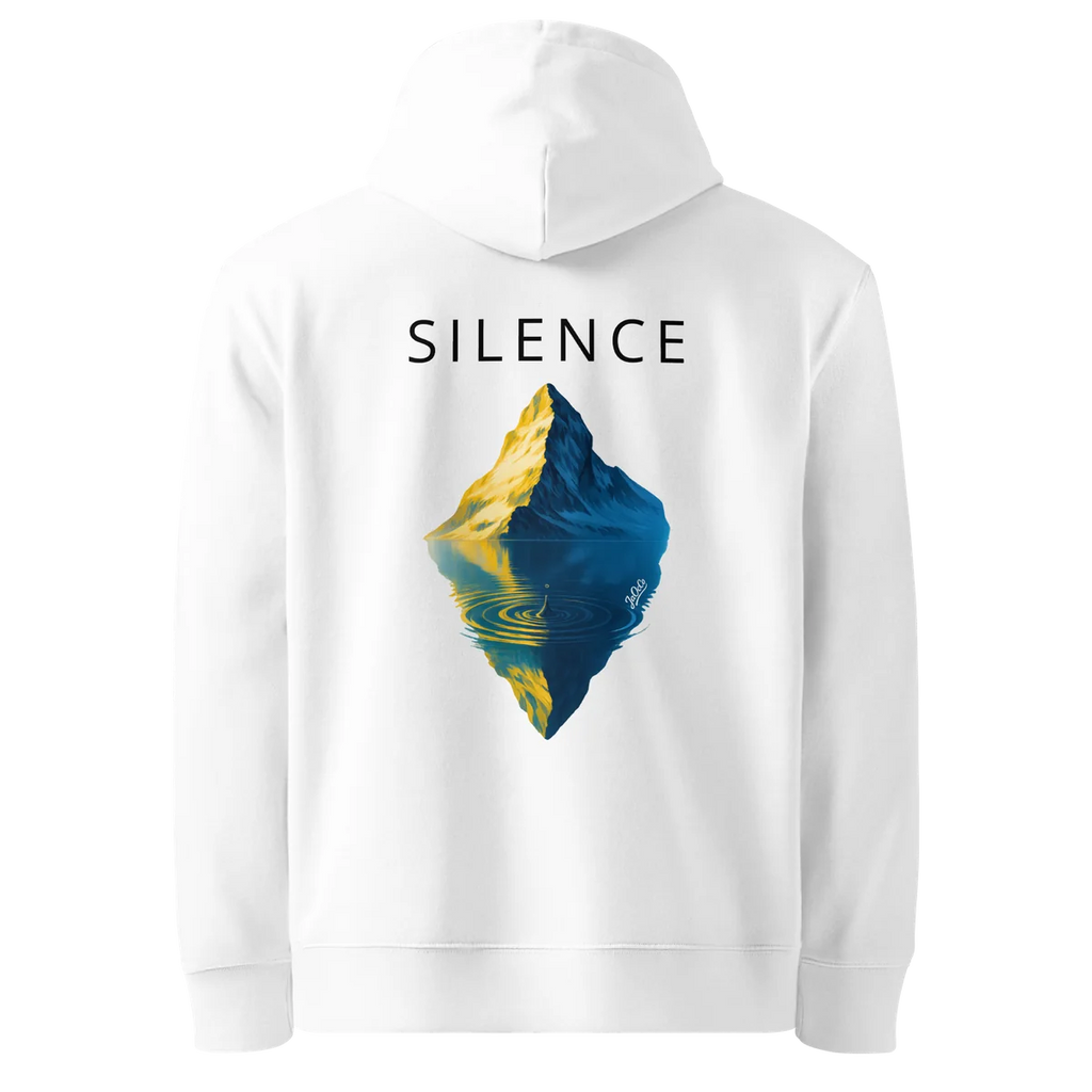 Hoodie coupe classique Silence, coloris blanc, vue de dos avec le design Silence