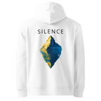 Hoodie coupe classique Silence, coloris blanc, vue de dos avec le design Silence