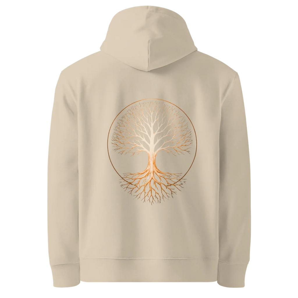 Hoodie coupe classique Tree of Life, coloris sable (Desert Dust), vue de dos avec le design Tree of Life