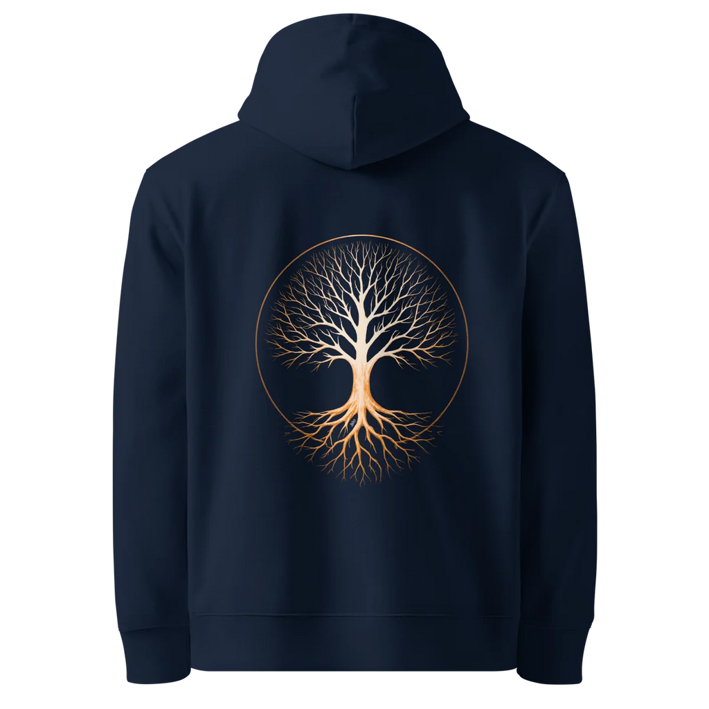 Hoodie coupe classique Tree of Life, coloris bleu marine, vue de dos avec le design Tree of Life