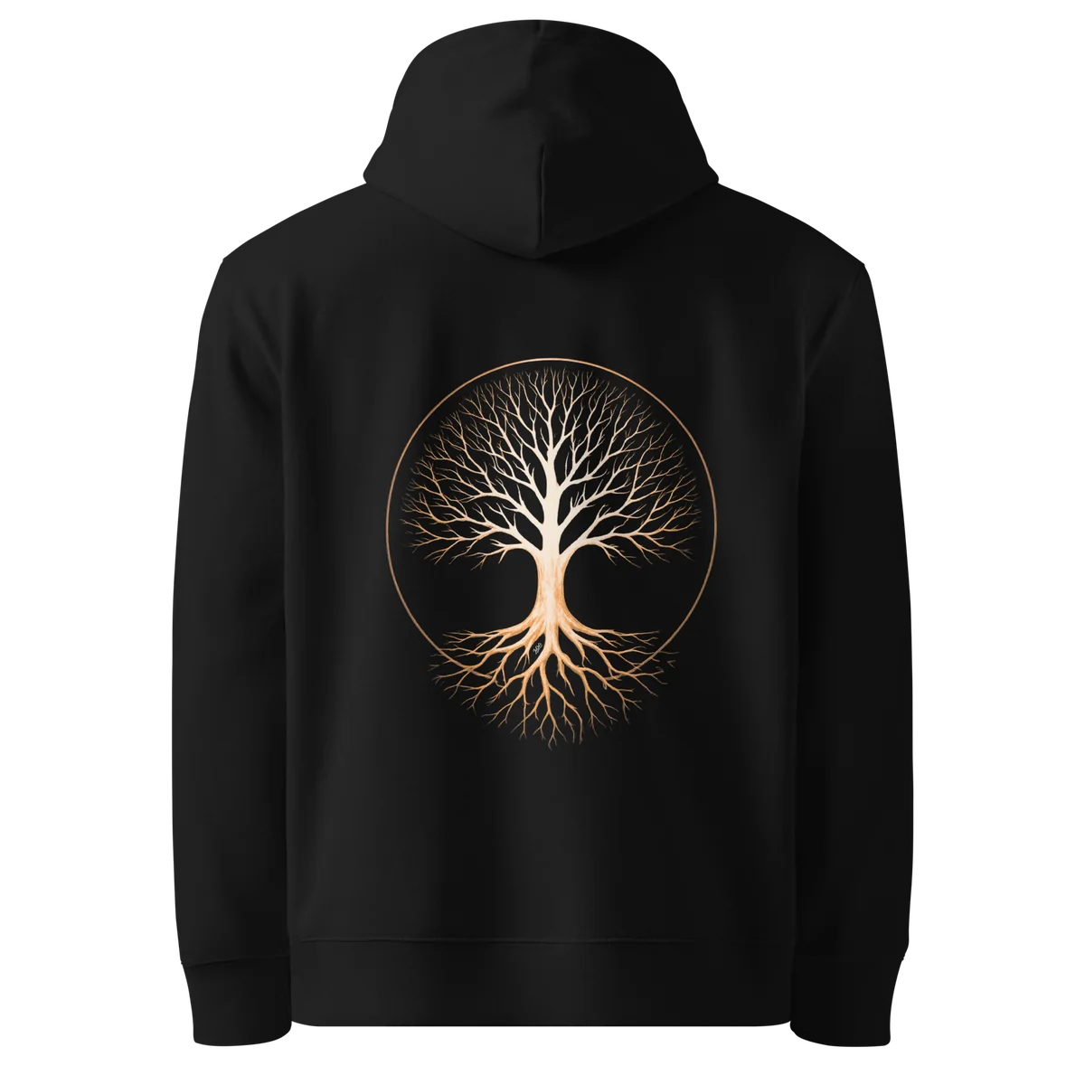 Tree of Life classic-fit hoodie in black, back view with the Tree of Life design