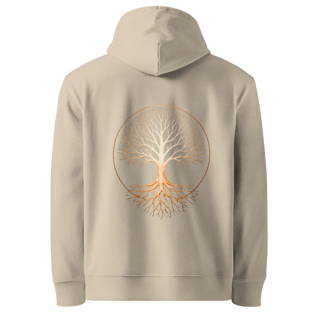 Tree of Life classic-fit hoodie in sand (Desert Dust), back view with the Tree of Life design