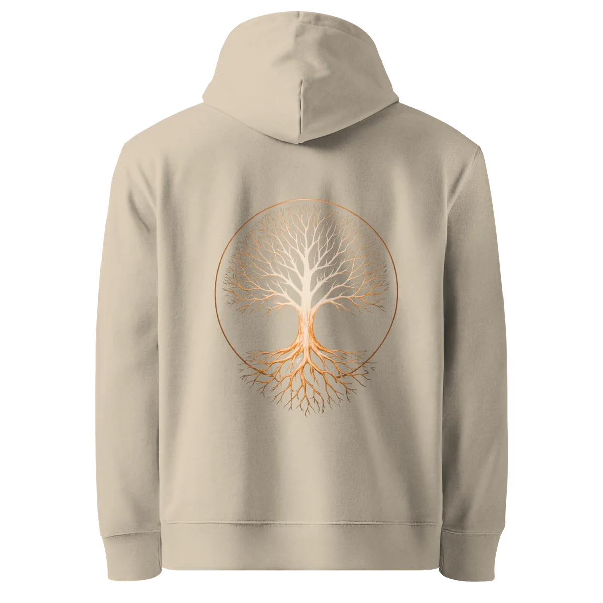 Tree of Life classic-fit hoodie in sand (Desert Dust), back view with the Tree of Life design