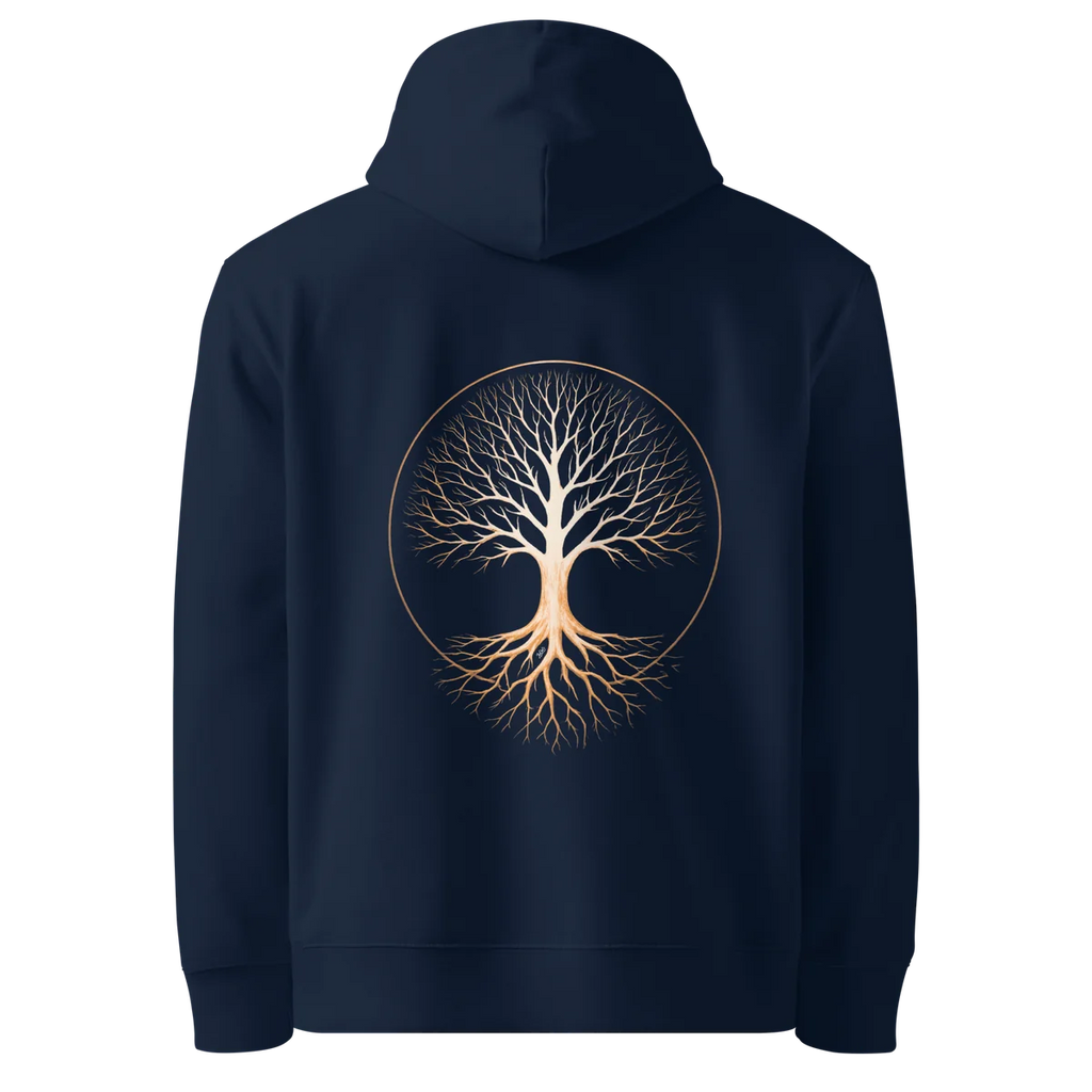 Tree of Life classic-fit hoodie in navy, back view with the Tree of Life design