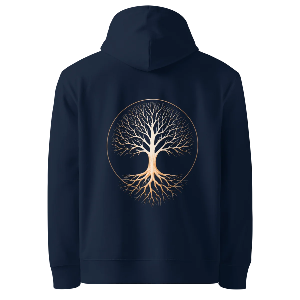 Tree of Life classic-fit hoodie in navy, back view with the Tree of Life design