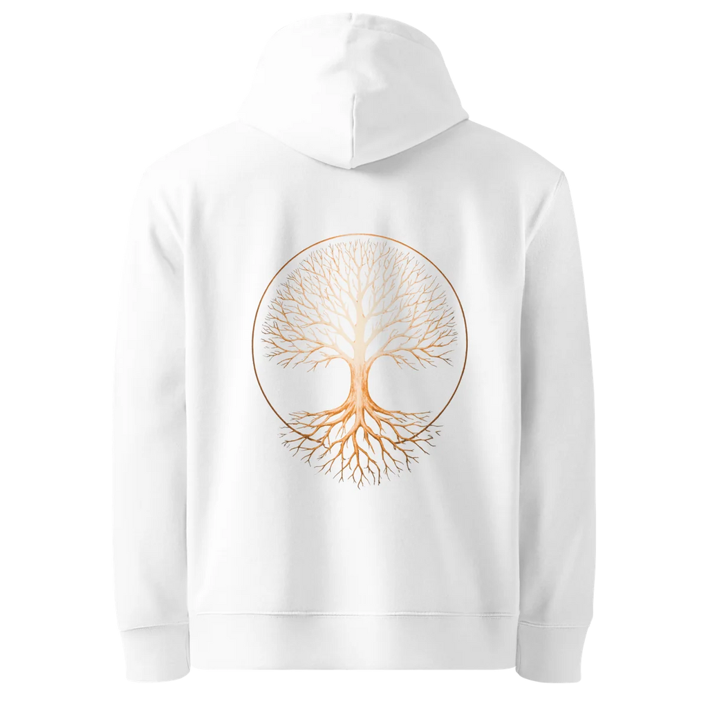 Tree of Life classic-fit hoodie in white, back view with the Tree of Life design