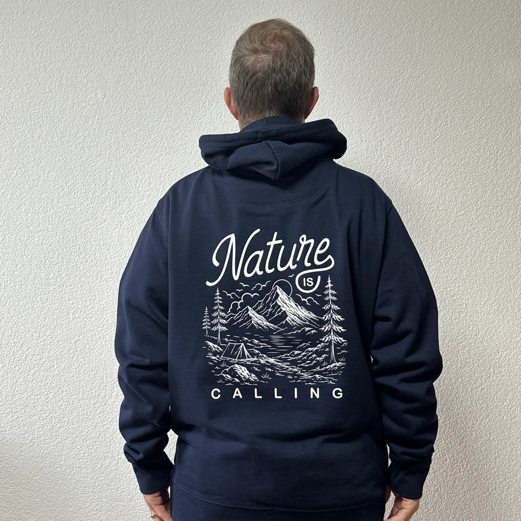 Nature Is Calling hoodie in navy worn by Benoît, founder of JaOcCo, classic fit size L, back view