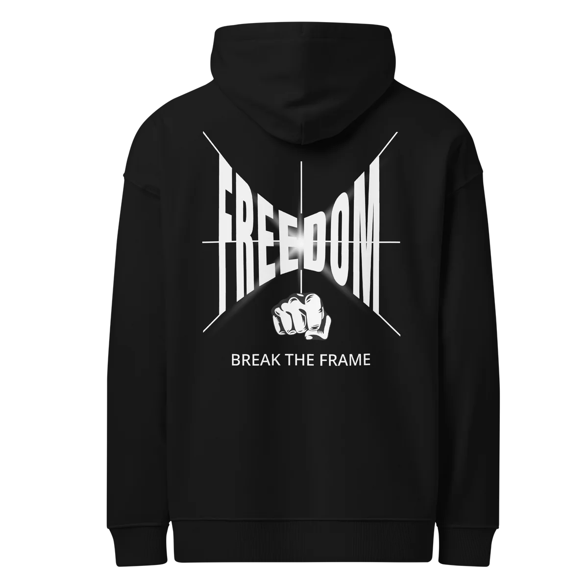 Oversize-Hoodie Freedom in Schwarz, Rückansicht mit dem Design Freedom