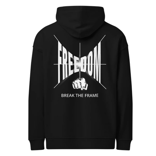 Freedom oversized hoodie in black, back view with the Freedom design