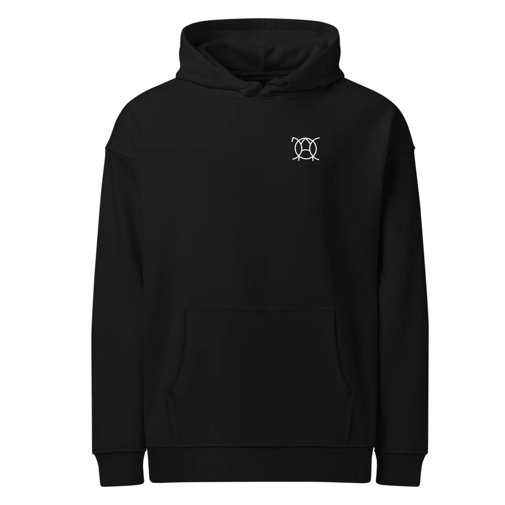 Freedom oversized hoodie in black, front view with small JaOcCo logo