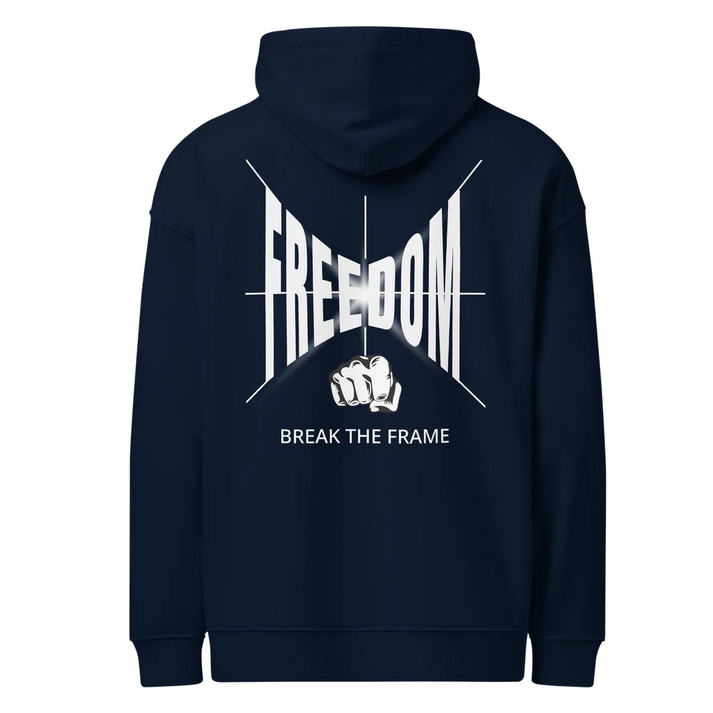 Freedom oversized hoodie in navy, back view with the Freedom design