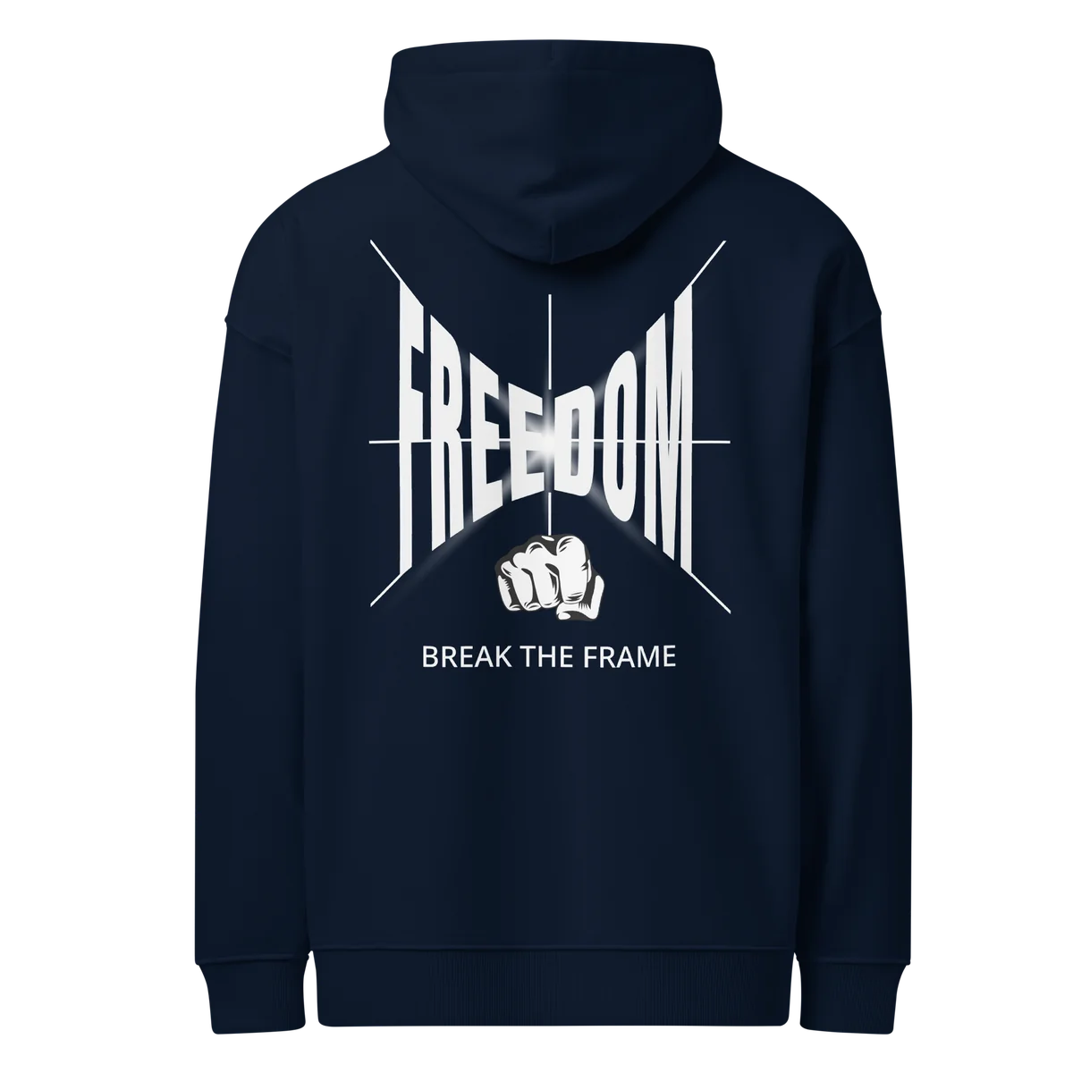 Oversize-Hoodie Freedom in Navy, Rückansicht mit dem Design Freedom