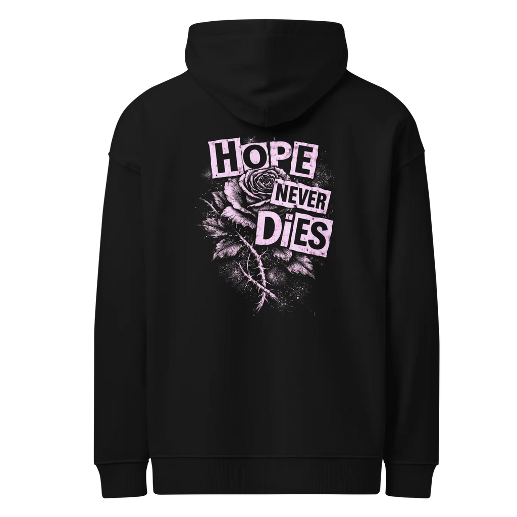 Hope Never Dies oversized hoodie in black, back view with the Hope Never Dies design