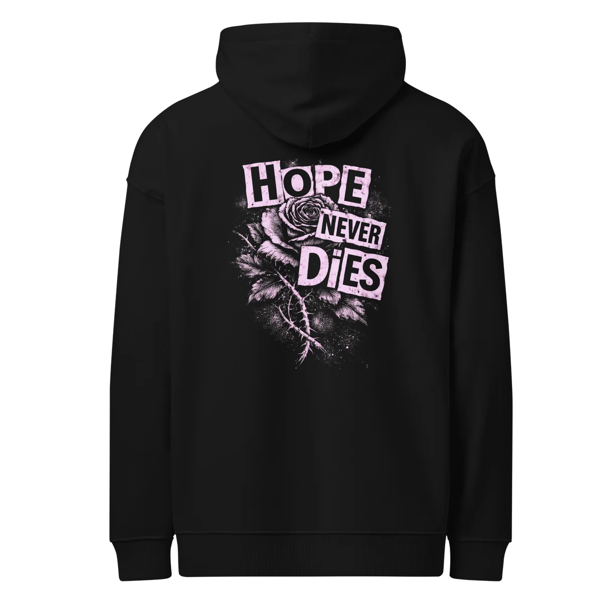 Oversize-Hoodie Hope Never Dies in Schwarz, Rückansicht mit dem Design Hope Never Dies