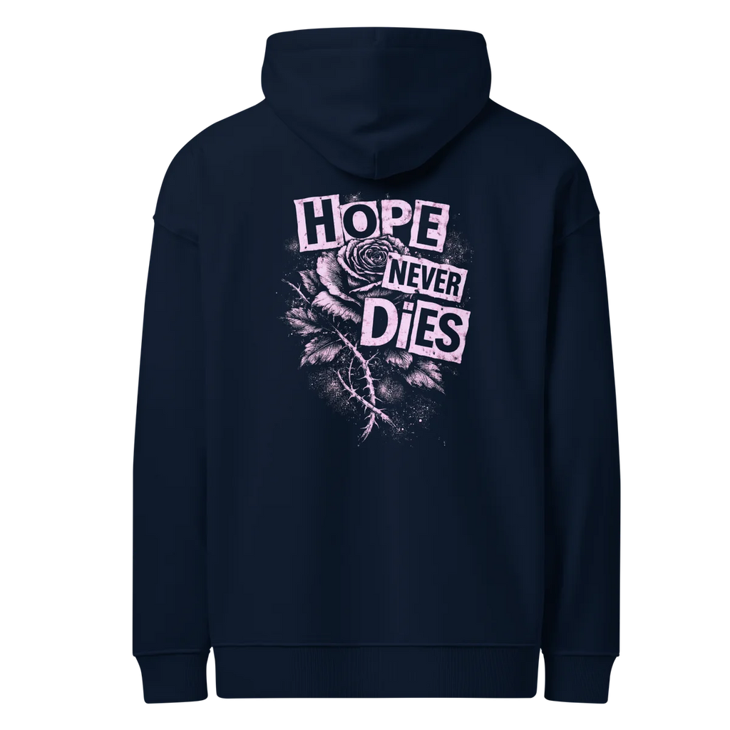 Hope Never Dies oversized hoodie in navy, back view with the Hope Never Dies design