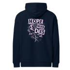Hope Never Dies oversized hoodie in navy, back view with the Hope Never Dies design