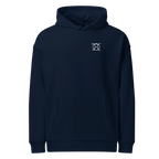 Hope Never Dies oversized hoodie in navy, front view with small JaOcCo logo