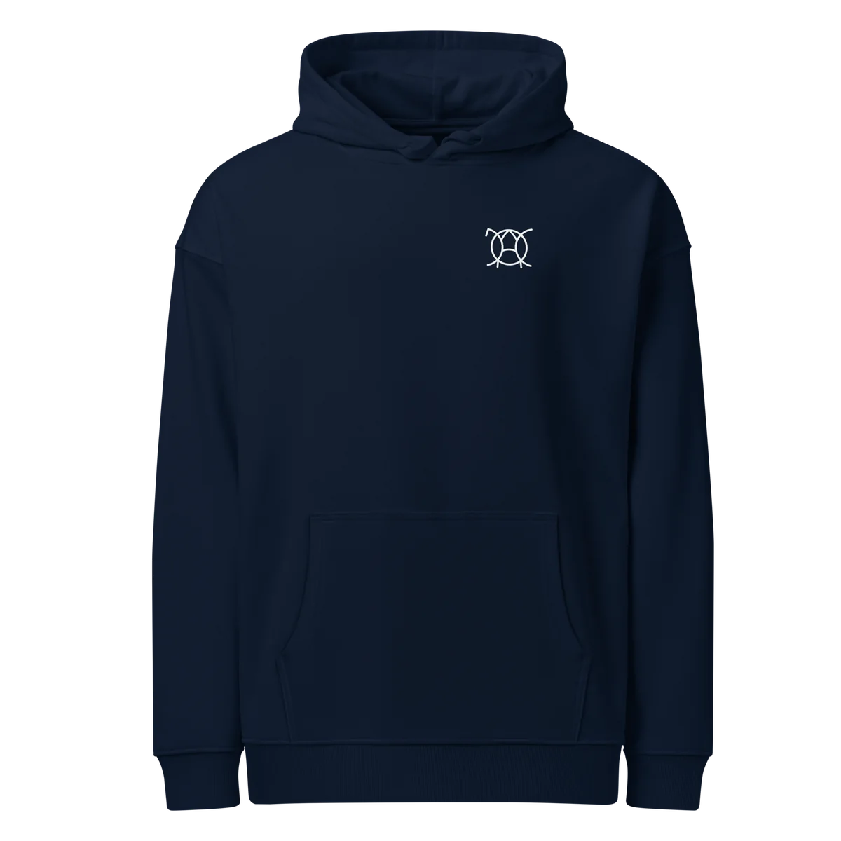 Oversize-Hoodie Hope Never Dies in Navy, Vorderansicht mit kleinem JaOcCo-Logo