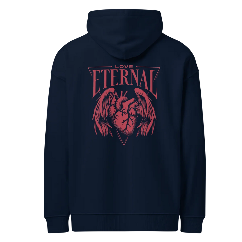 Oversize-Hoodie Love Eternal in Navy, Rückansicht mit dem Design Love Eternal