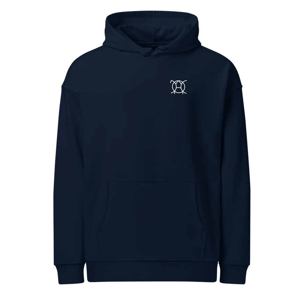Oversize-Hoodie Love Eternal in Navy, Vorderansicht mit kleinem JaOcCo-Logo