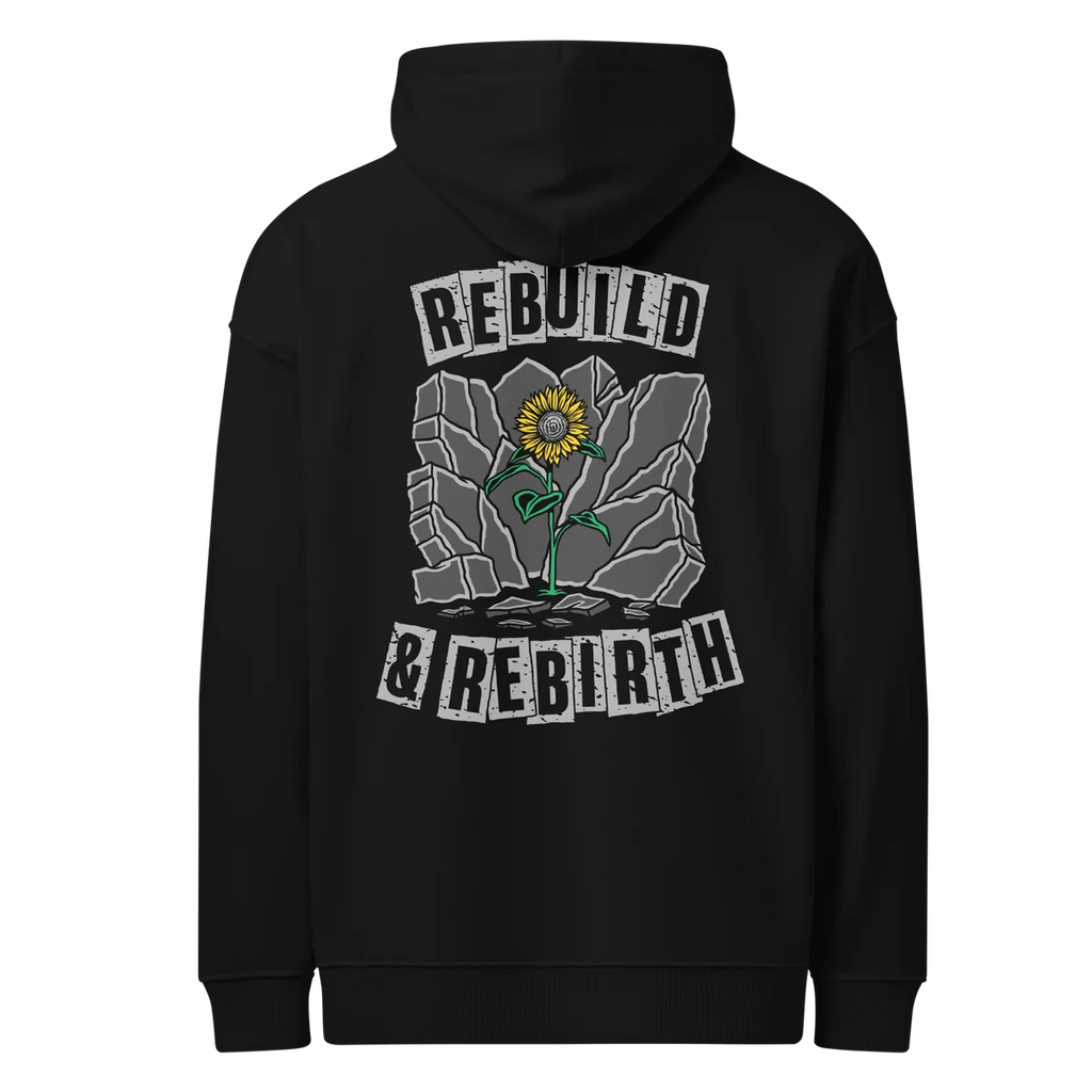 Rebuild & Rebirth oversized hoodie in black, back view with the Rebuild & Rebirth design