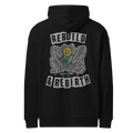 Rebuild & Rebirth oversized hoodie in black, back view with the Rebuild & Rebirth design