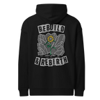 Rebuild & Rebirth oversized hoodie in black, back view with the Rebuild & Rebirth design