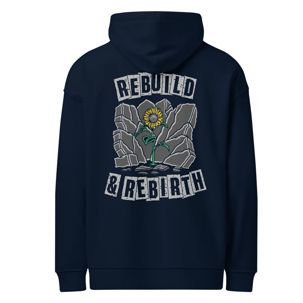 Rebuild & Rebirth oversized hoodie in navy, back view with the Rebuild & Rebirth design