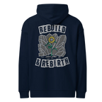 Rebuild & Rebirth oversized hoodie in navy, back view with the Rebuild & Rebirth design