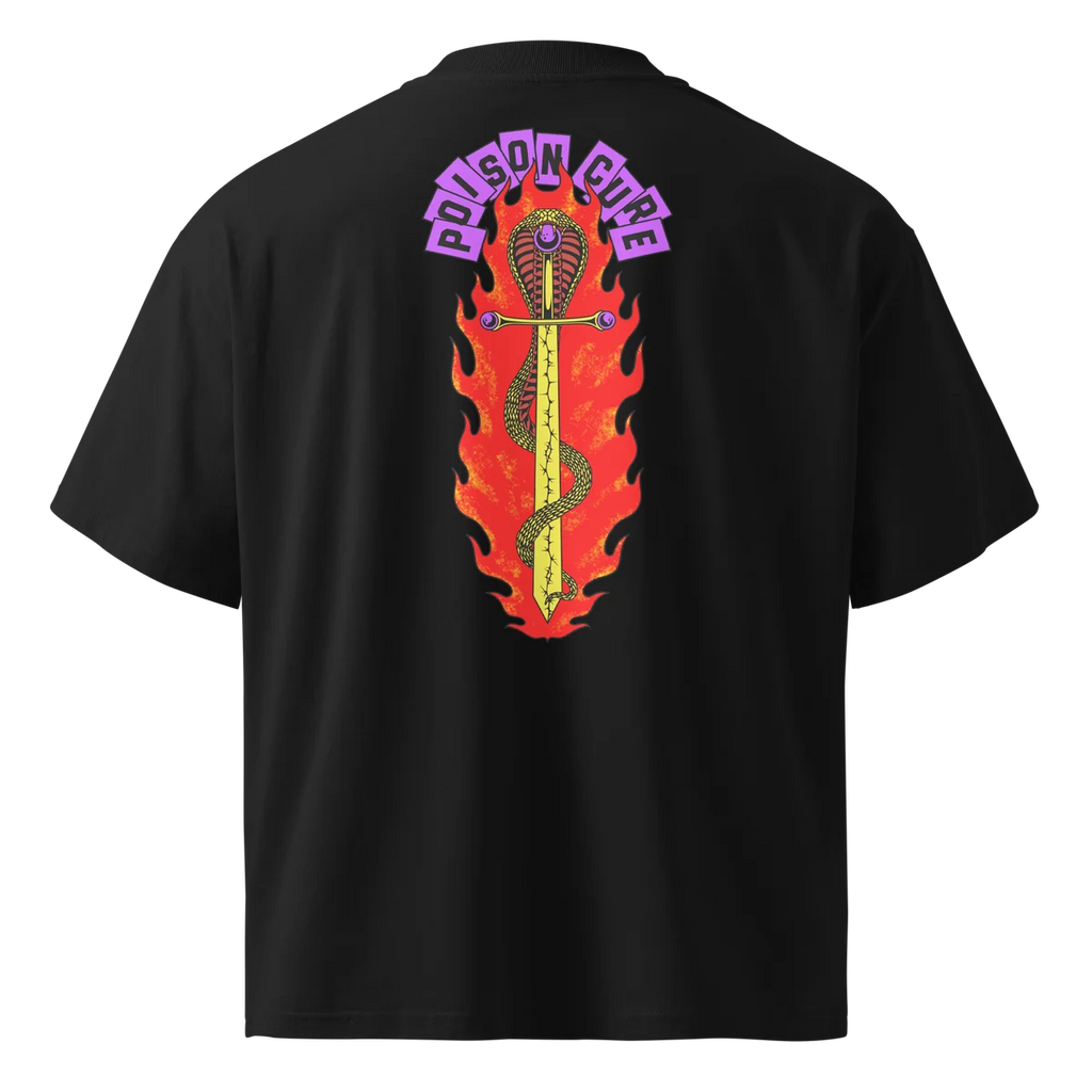 Poison Cure oversized t-shirt in black, back view with the Poison Cure design