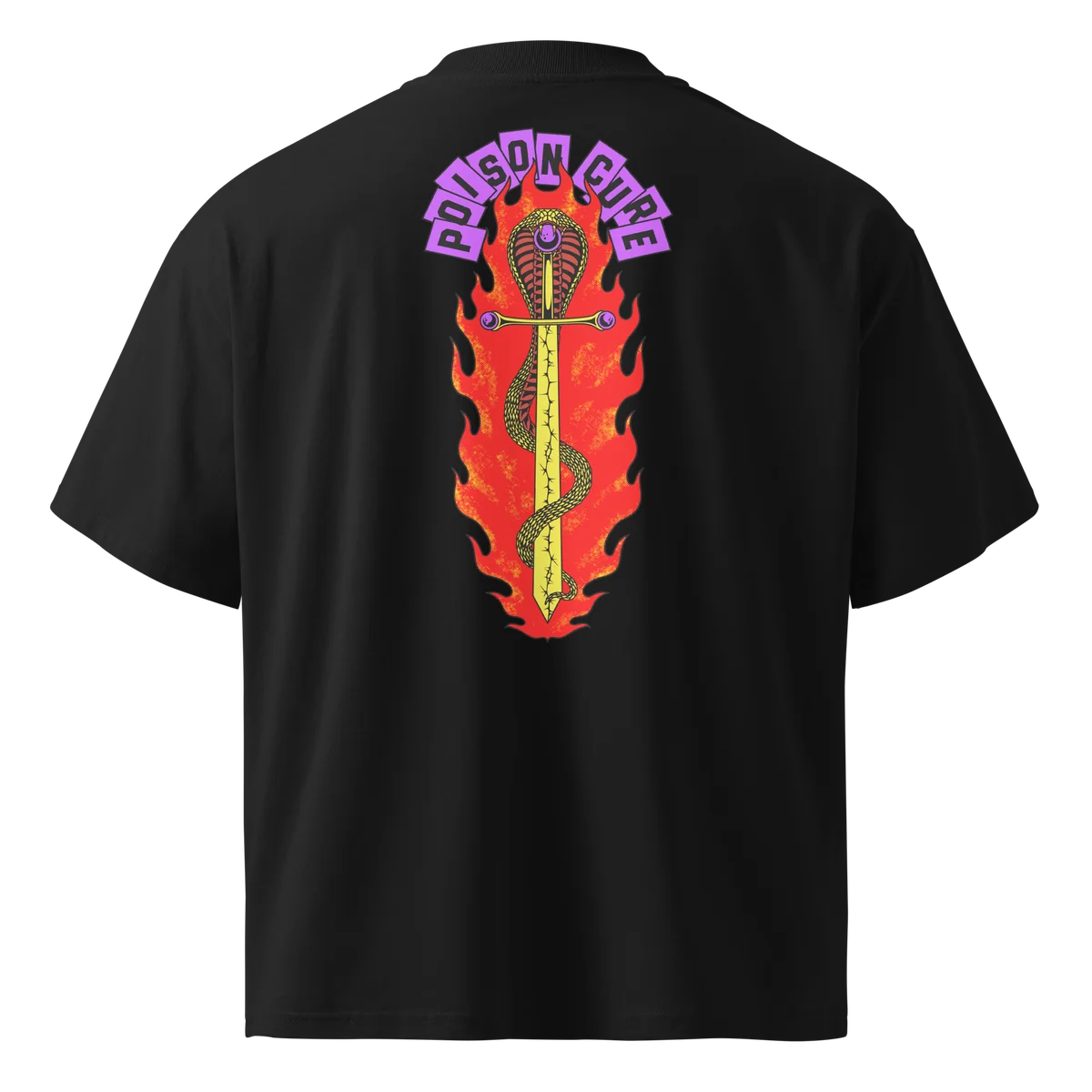 Poison Cure oversized t-shirt in black, back view with the Poison Cure design