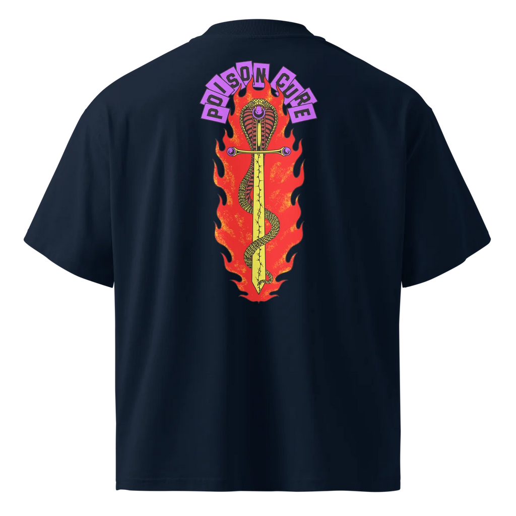 Poison Cure oversized t-shirt in navy, back view with the Poison Cure design