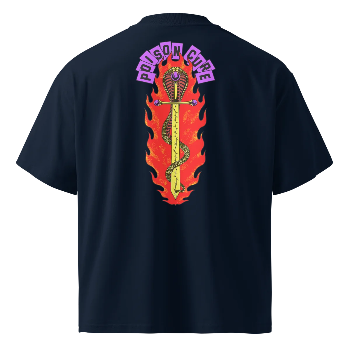 Poison Cure oversized t-shirt in navy, back view with the Poison Cure design