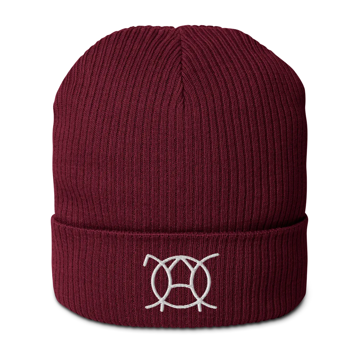 Burgundy organic cotton ribbed beanie with embroidered JaOcCo logo, front view
