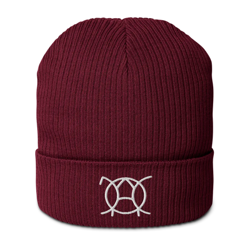 Burgundy organic cotton ribbed beanie with embroidered JaOcCo logo, front view