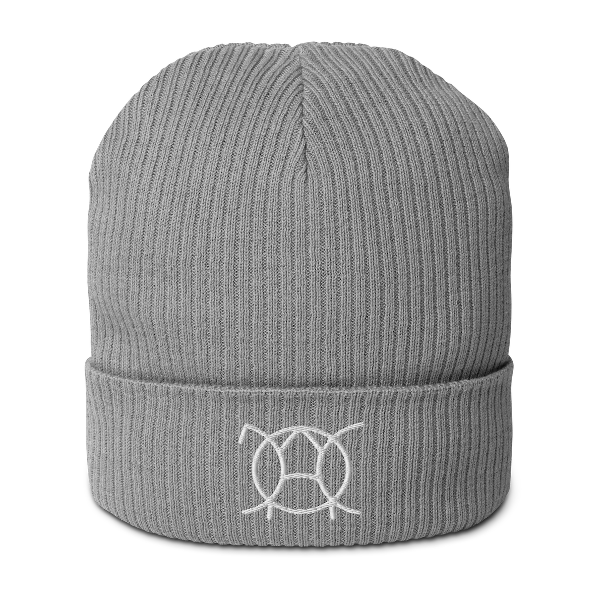 Light grey organic cotton ribbed beanie with embroidered JaOcCo logo, front view