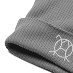 Embroidered JaOcCo logo on the cuff of the light grey ribbed beanie