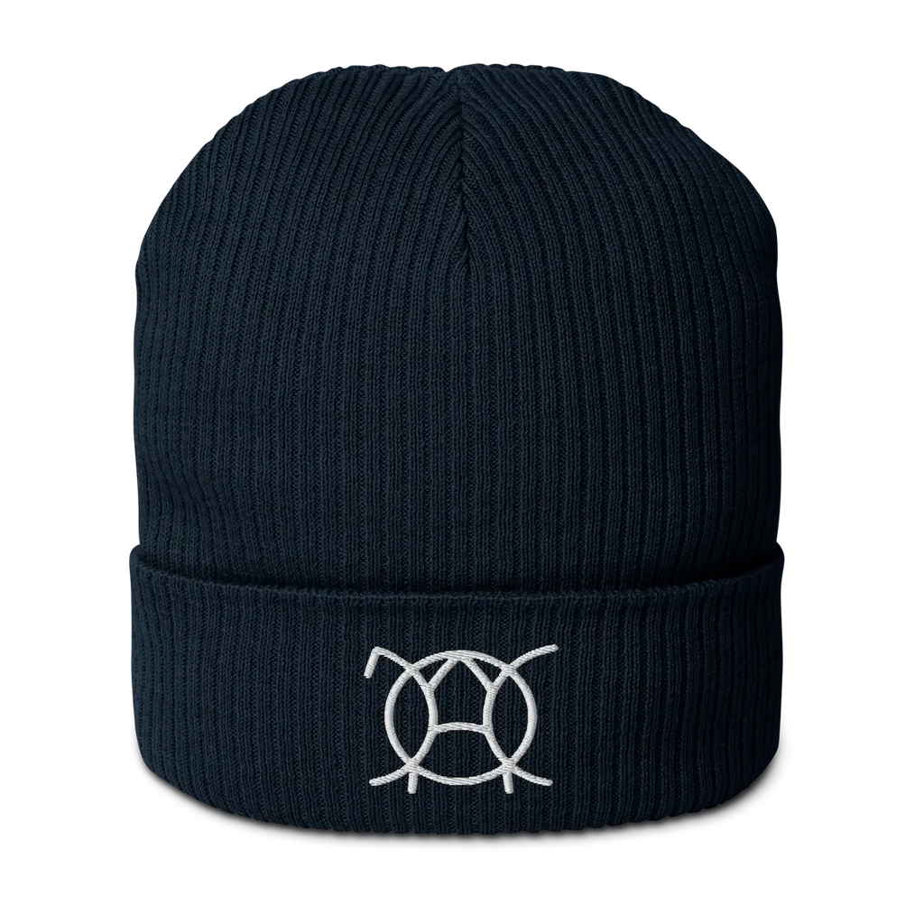 Navy organic cotton ribbed beanie with embroidered JaOcCo logo, front view