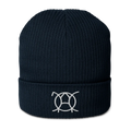 Navy organic cotton ribbed beanie with embroidered JaOcCo logo, front view