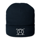 Navy organic cotton ribbed beanie with embroidered JaOcCo logo, front view