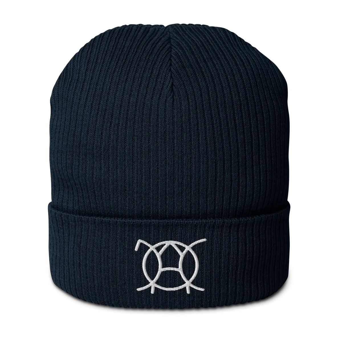 Navy organic cotton ribbed beanie with embroidered JaOcCo logo, front view
