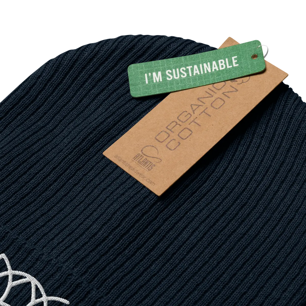 Navy ribbed beanie with its organic cotton tag