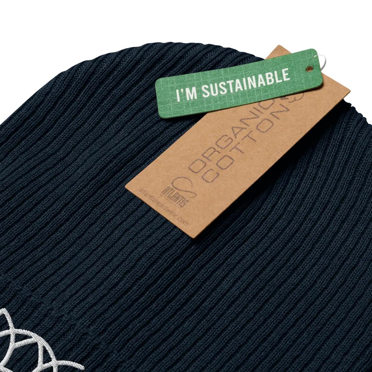 Navy ribbed beanie with its organic cotton tag